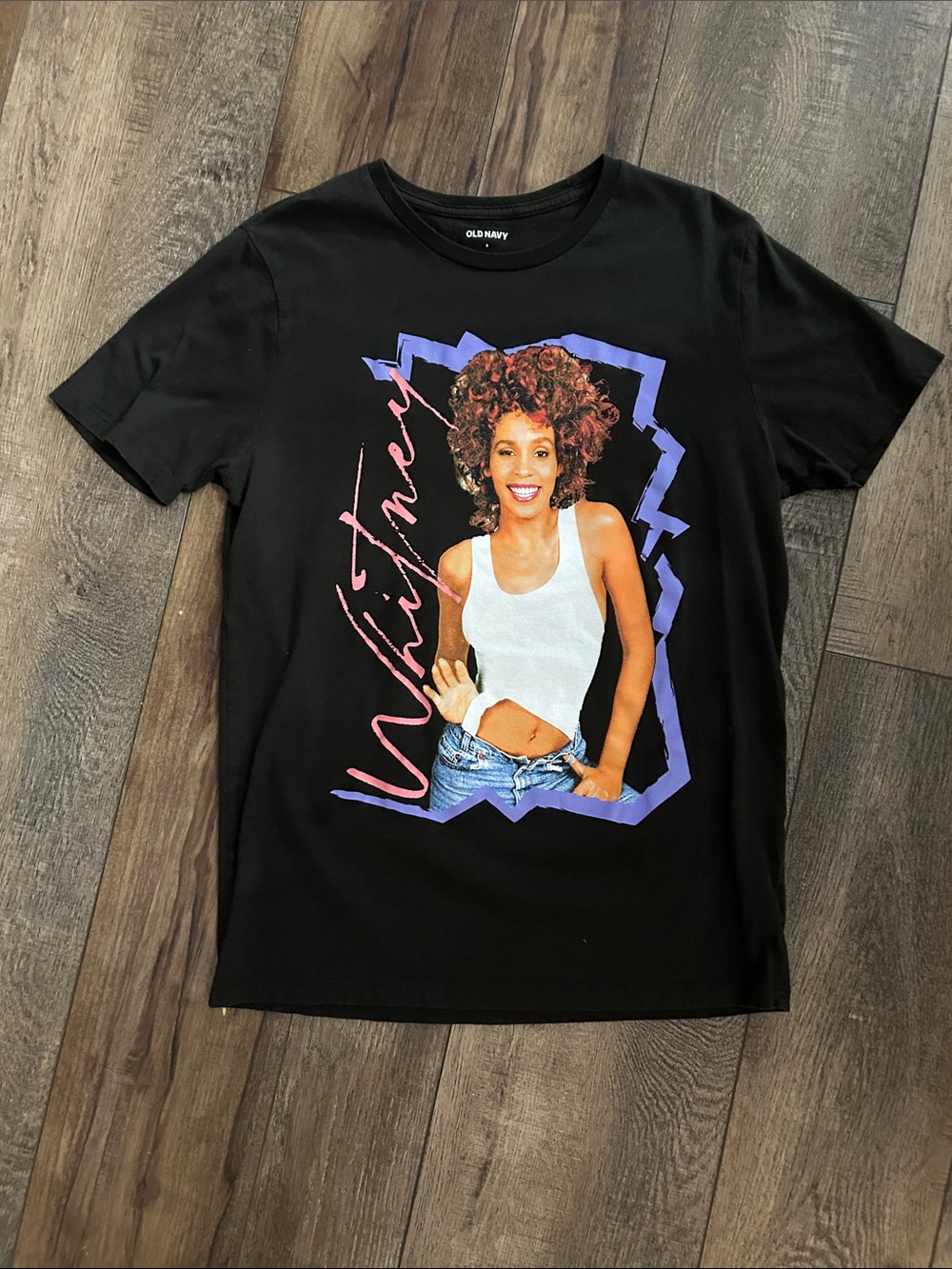 Old Navy Black Graphic Whitney Portrait Tee with Purple and Pink Accents
